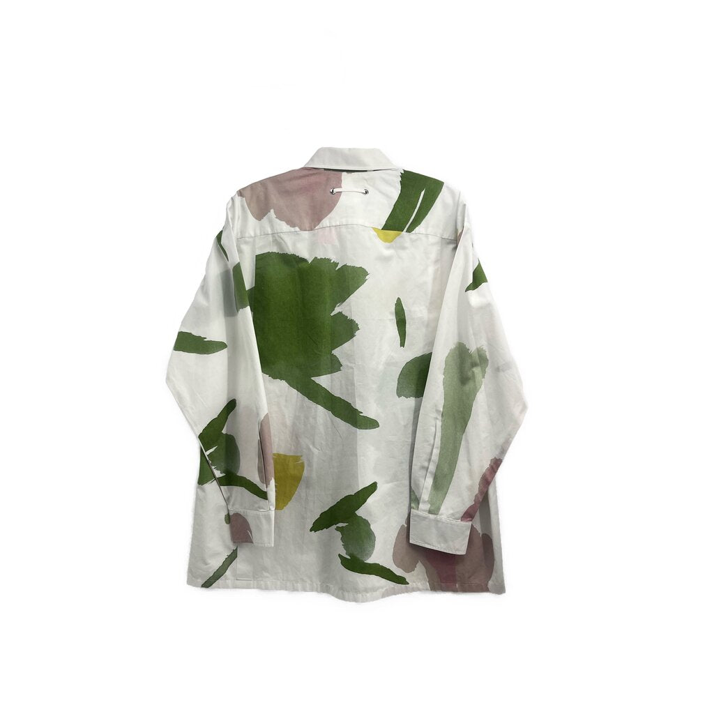 White back button-up shirt with green and yellow abstract print, long sleeves