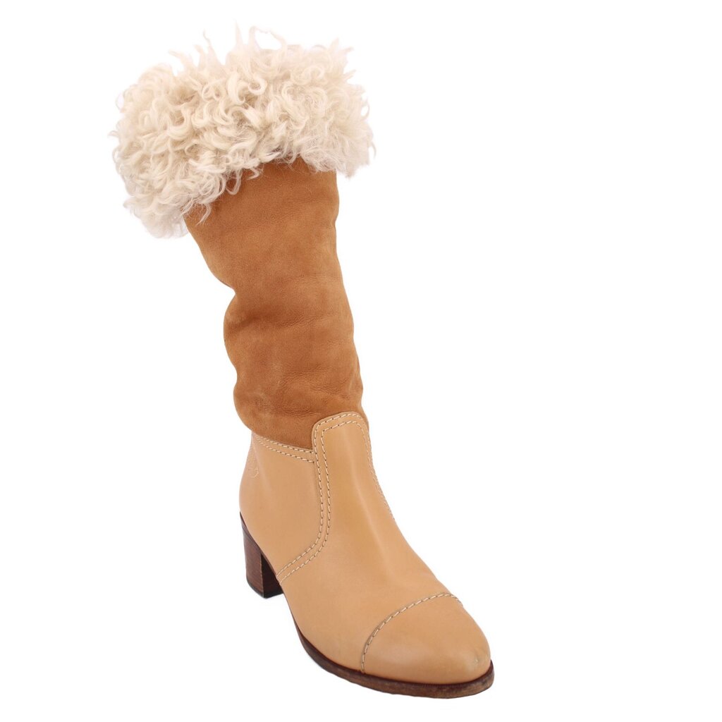 Brown suede shearling boots with beige collar and block heel