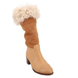 Brown suede shearling boots with beige collar and block heel