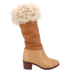 Brown suede ankle boots with shearling cuff, side seam stitching, block heel