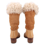 Pair of suede shearling boots, tan-brown mid-calf with fluffy cuffs and block heels