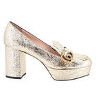 GUCCI MARMONT gold platform heels with metal hardware and tassel-style fringe detail