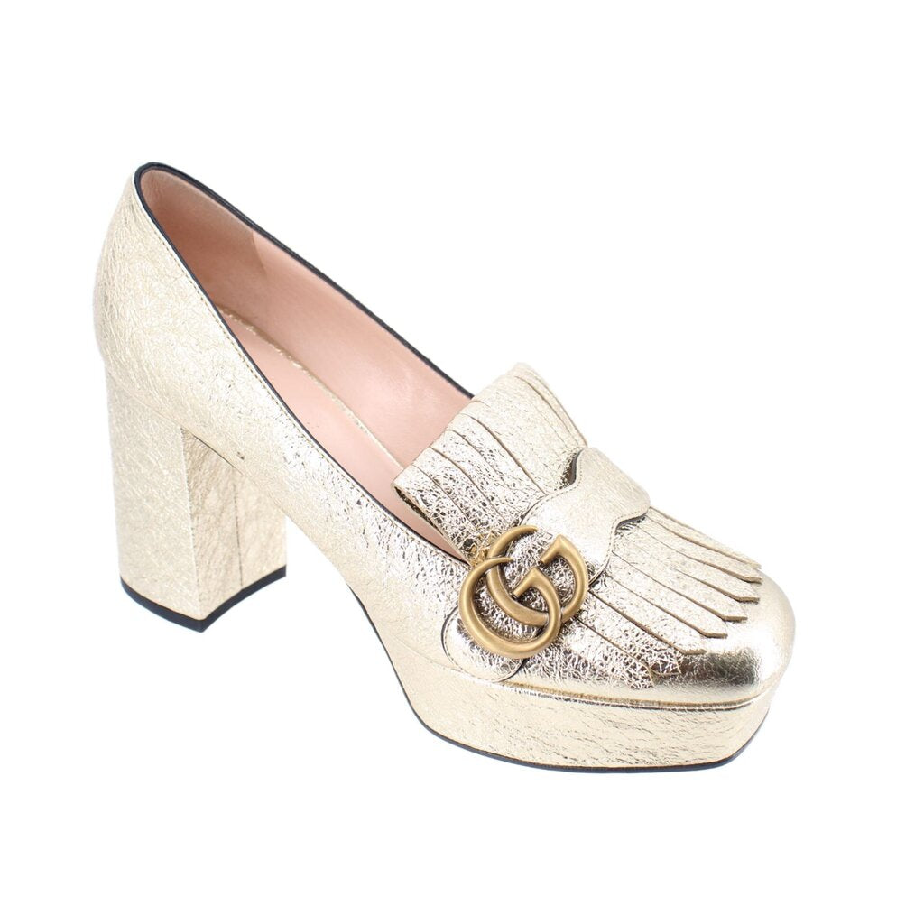GUCCI MARMONT gold metallic platform heels with fringe loafers and chunky block heel