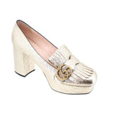 GUCCI MARMONT gold metallic platform heels with fringe loafers and chunky block heel