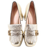 GUCCI MARMONT gold metallic loafers with fringe trim and gold buckle hardware