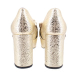 GUCCI MARMONT gold metallic platform heels, back view with stacked block heel