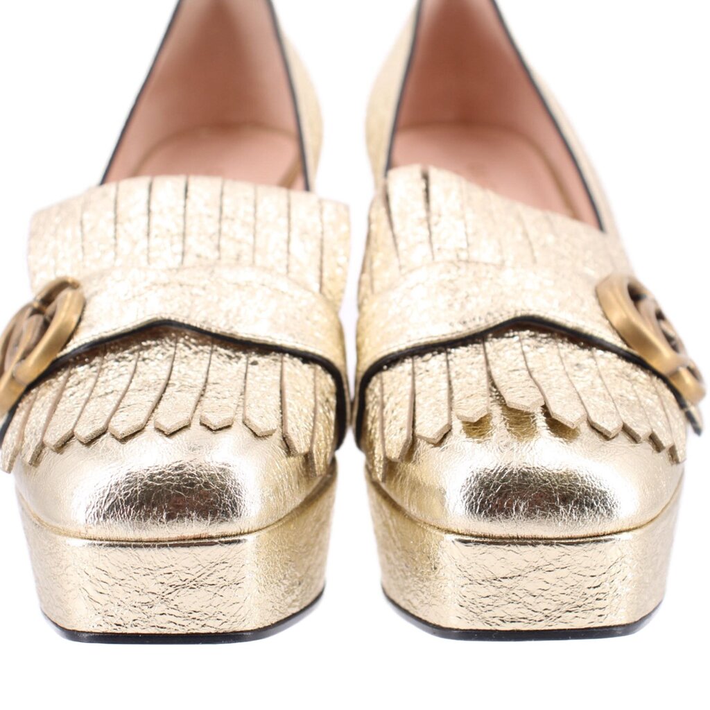 GUCCI MARMONT gold metallic loafers with fringe edges and gold-toned hardware accents