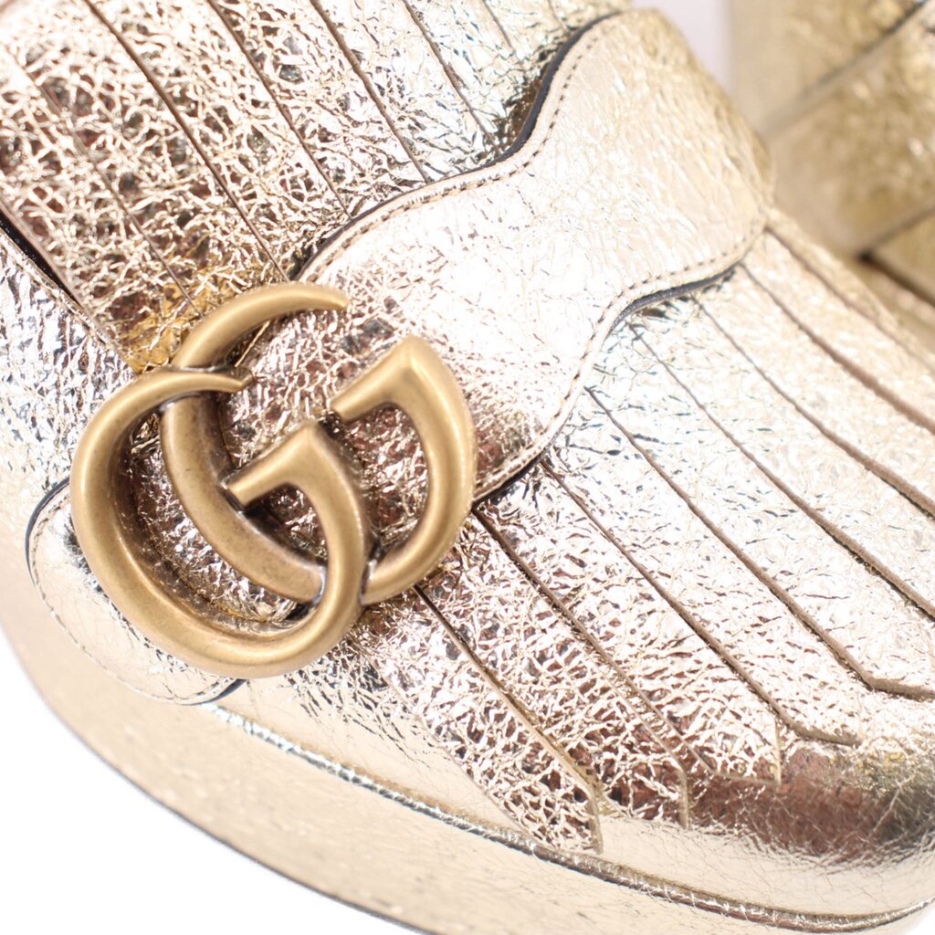 GUCCI MARMONT gold hardware detail on metallic fringe loafers