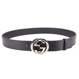 GUCCI black leather belt with round Interlocking G buckle