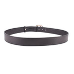 Black leather belt with adjustable holes and prong buckle setting
