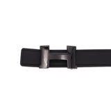 Black leather belt with silver and dark buckle, stitched strap end.