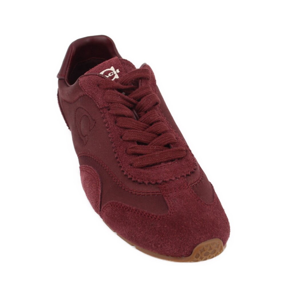 Merlot suede lace-up flat sneakers with side logo and contrast stitching