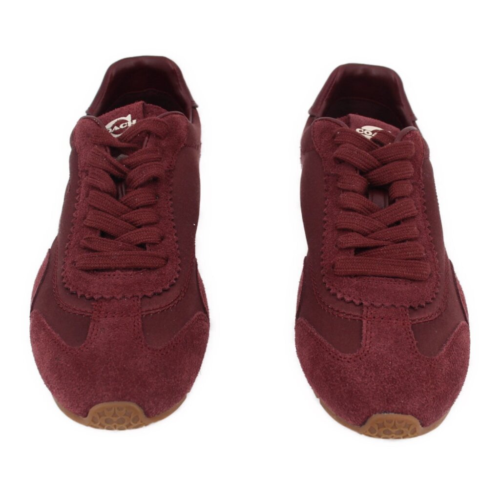 Merlot suede lace-up sneakers, rear view with heel tab and logo tongue