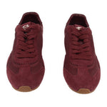 Merlot suede lace-up sneakers, rear view with heel tab and logo tongue