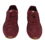 Merlot suede lace-up sneakers, rear view with heel tab and logo tongue