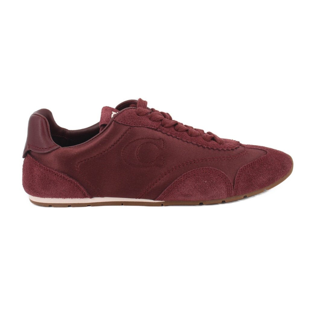 Merlot suede lace-up sneakers, side view with flat rubber sole