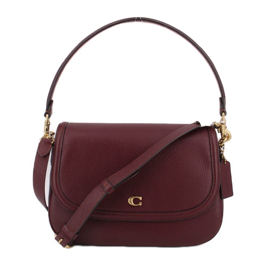 Merlot leather crossbody bag with curved flap and turn-lock closure, gold-tone hardware.