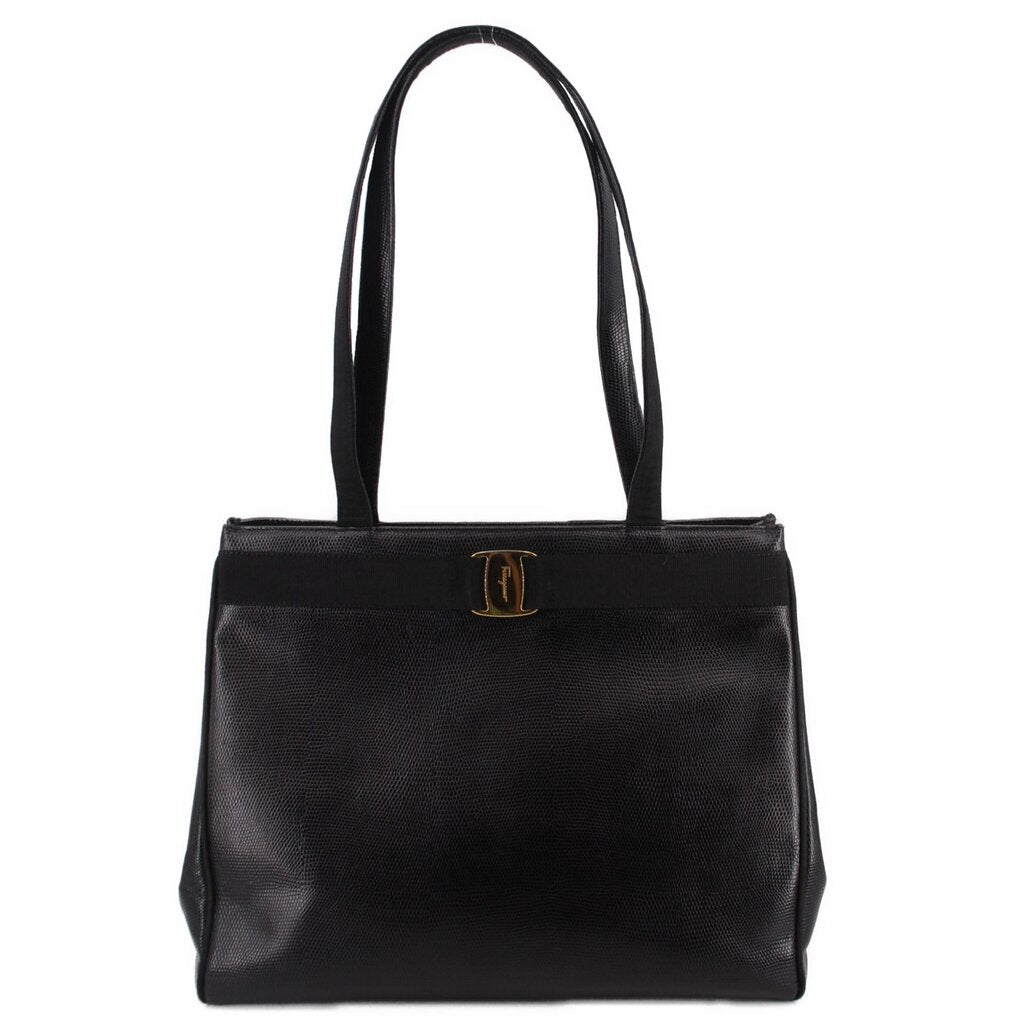 Black leather vintage shoulder bag with top handles and front logo clasp