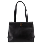 Black leather vintage shoulder bag with top handles and front logo clasp