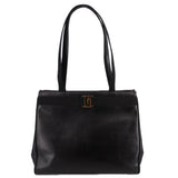 Black leather vintage shoulder bag with top handles and front logo clasp
