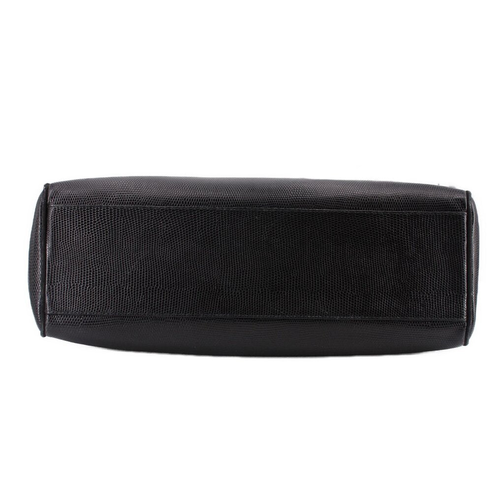 Black leather vintage shoulder bag base view with stitched edge detail