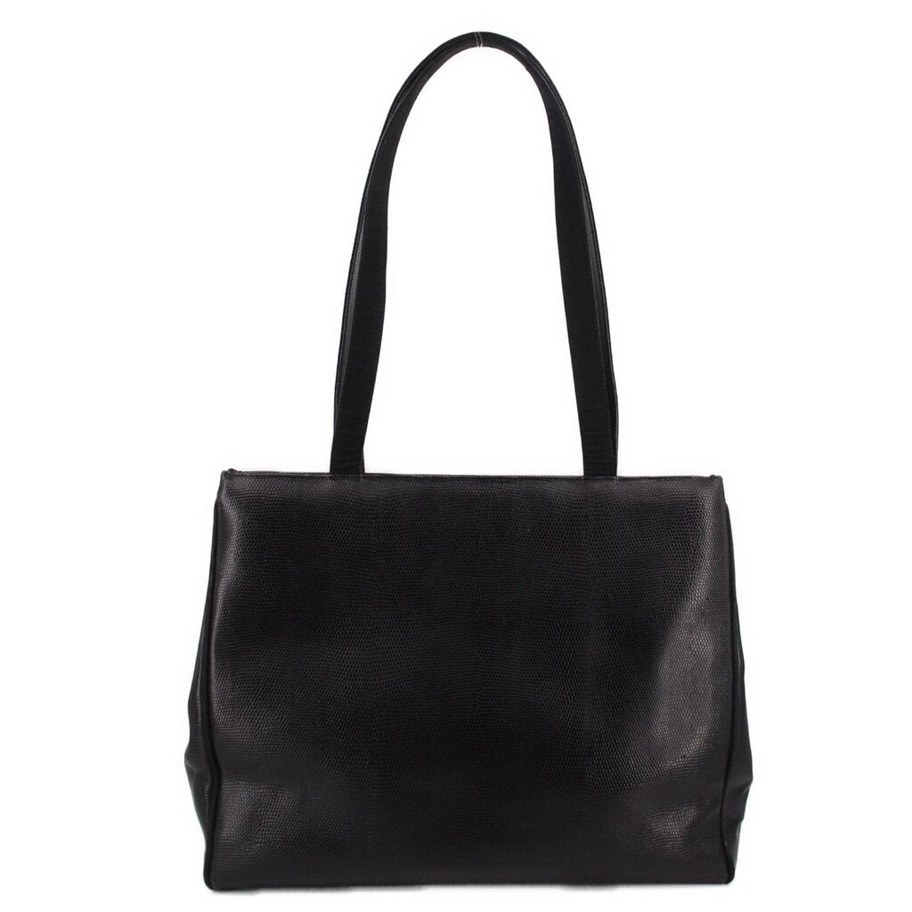 Black leather vintage shoulder bag with wide top handles and smooth front