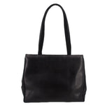 Black leather vintage shoulder bag with wide top handles and smooth front