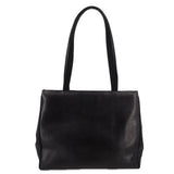 Black leather vintage shoulder bag with wide top handles and smooth front