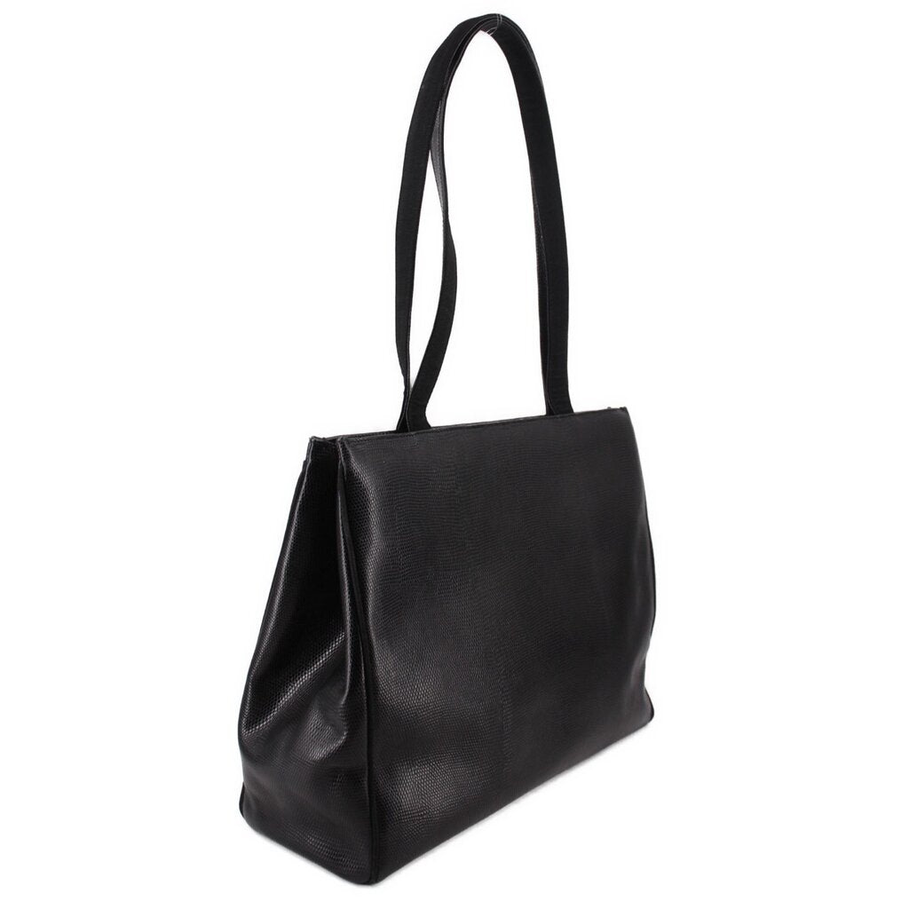Black leather vintage shoulder bag with angled side profile and top handle