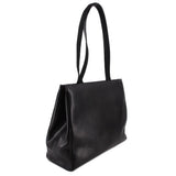 Black leather vintage shoulder bag with angled side profile and top handle