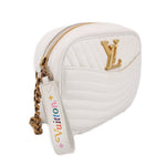 White quilted camera crossbody bag, side view with gold LV emblem and zipper
