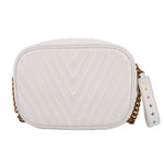 White quilted camera crossbody bag with chevron pattern and gold-tone hardware