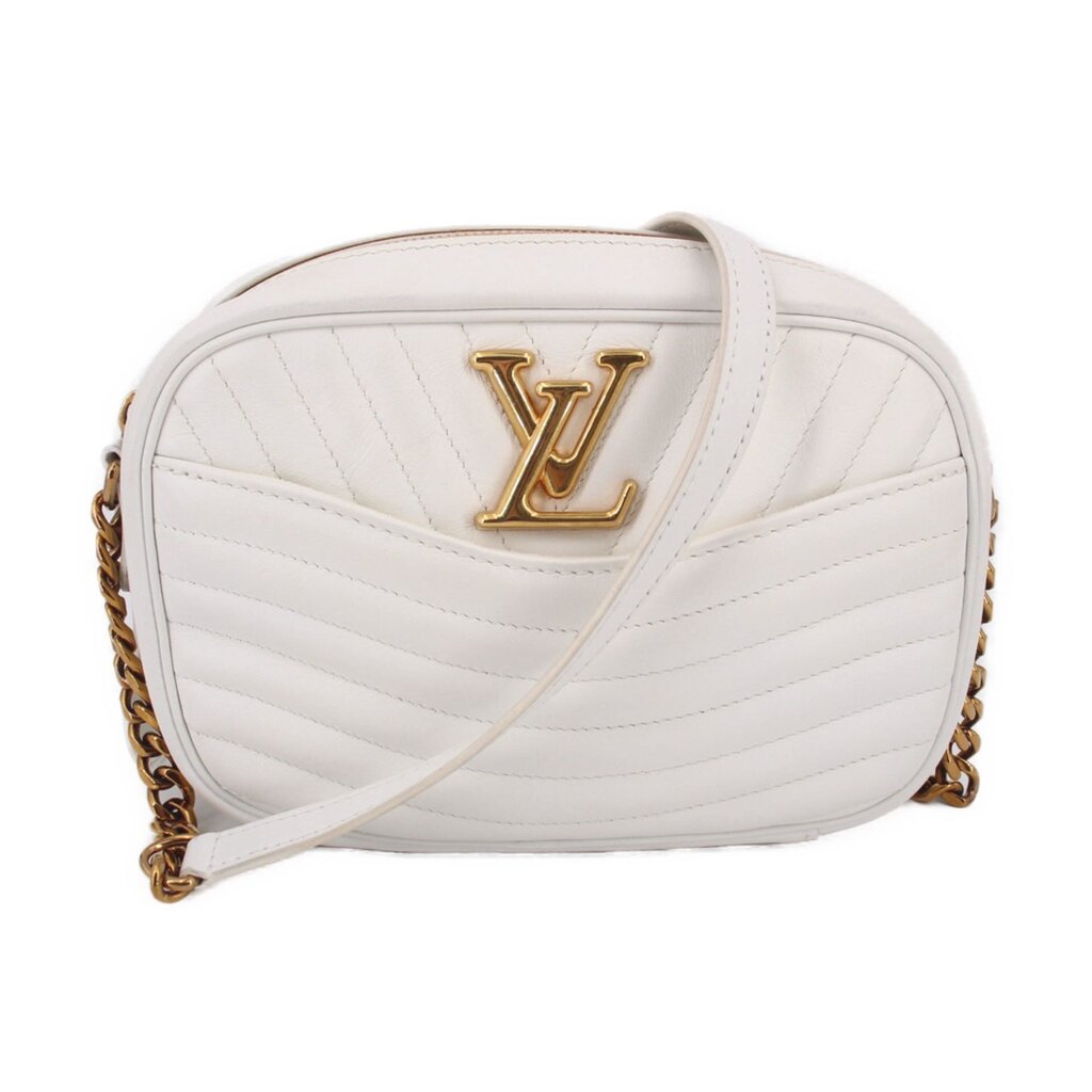White quilted camera crossbody bag with gold-tone LV logo and braided chain strap