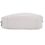 White camera crossbody bag, bottom view with stitched base and chain strap hardware