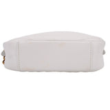 White camera crossbody bag, bottom view with stitched base and chain strap hardware