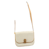 GUCCI vintage crossbody bag on strap with cream logo-patterned flap and tan buckle
