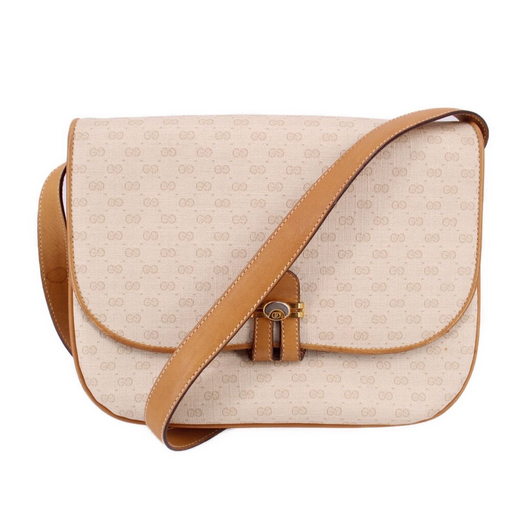 GUCCI vintage crossbody bag in cream canvas with tan trim and flap closure