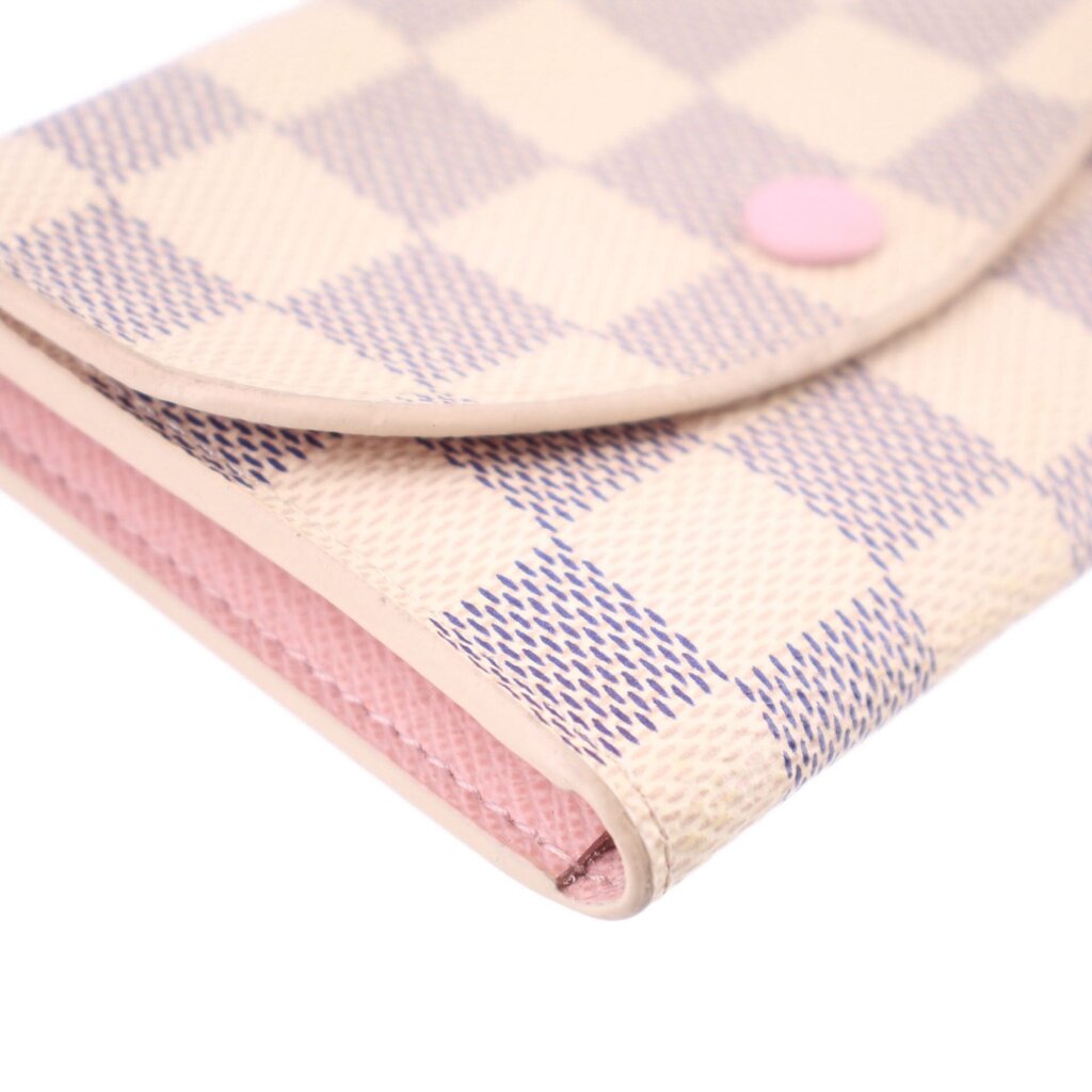 Damier Azur coin purse wallet close-up, check pattern with pink lining and side seam