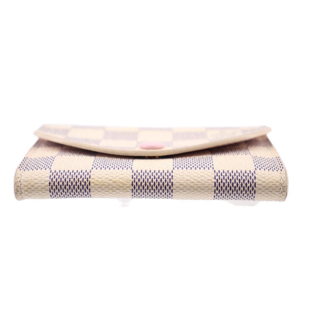 Damier Azur coin purse wallet, underside view with pink button and pale lining
