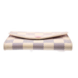 Damier Azur coin purse wallet, underside view with pink button and pale lining