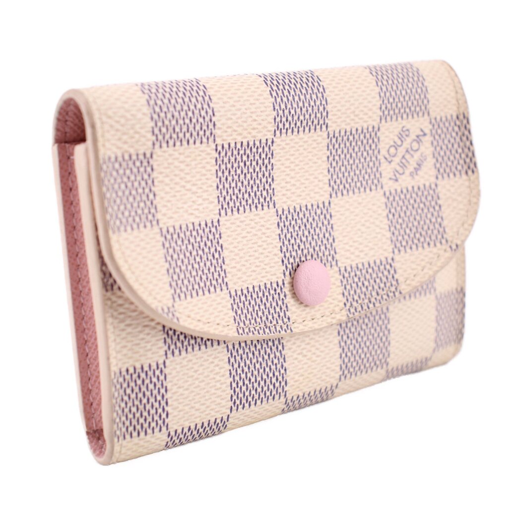 LOUIS VUITTON Rosalie coin purse wallet, Damier Azur flap with pink trim and button