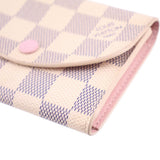Damier Azur coin purse wallet corner view, check canvas with pink edge and button
