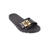 Black slide sandals with gold-tone logo buckle and cushioned footbed