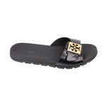 Black slide sandals, open-toe with gold-tone logo buckle across strap