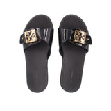 Black slide sandals with glossy black straps and gold logo square buckle