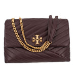 Brown quilted leather convertible shoulder bag with gold chain strap and T logo clasp