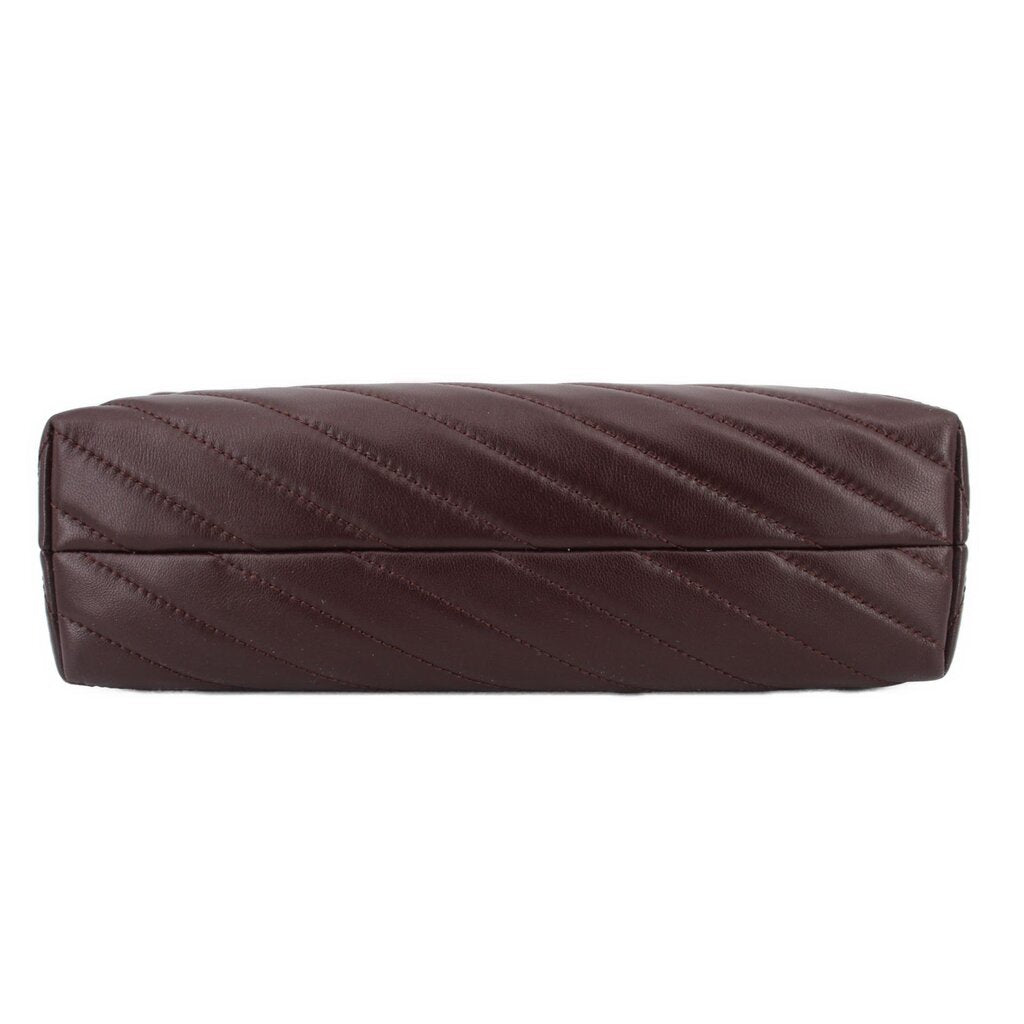 Brown quilted leather shoulder bag with horizontal stitching and gold chain strap