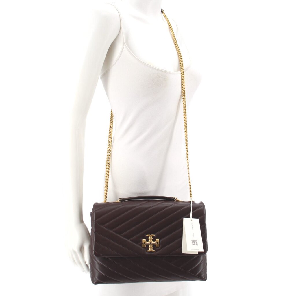 Brown quilted leather mini crossbody bag with gold chain strap and T logo clasp