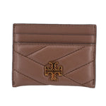 Brown leather card case with quilted design and gold logo emblem