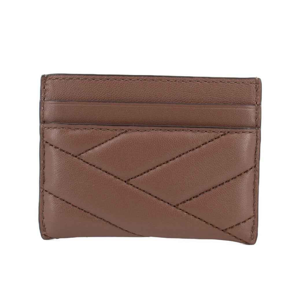 Brown leather card case with stitched chevron panels and top card slot